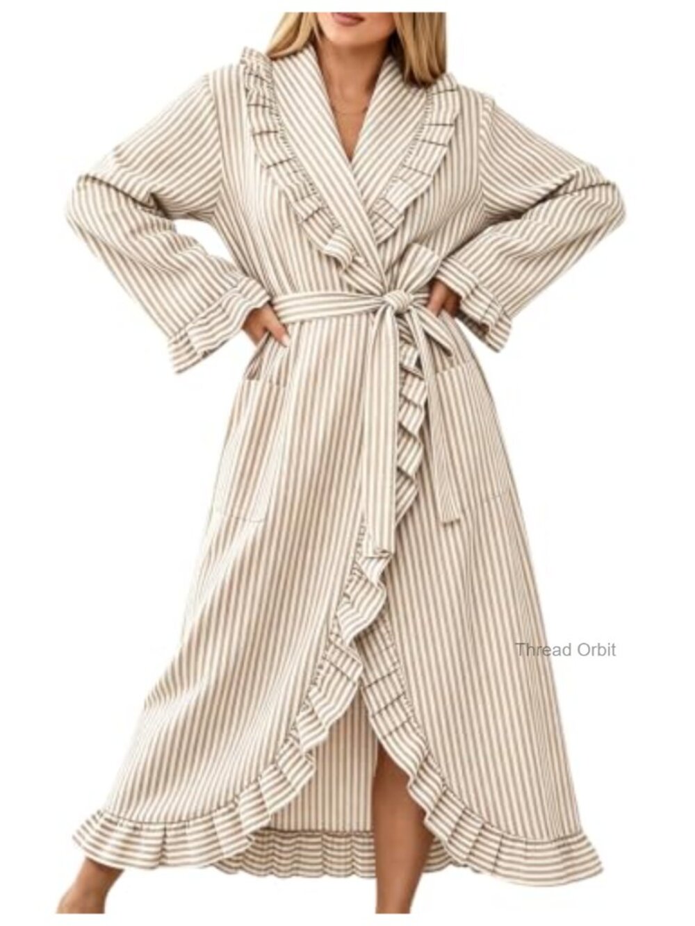 Cotton Robe Womens Lightweight Striped Ruffle Bathrobe Long